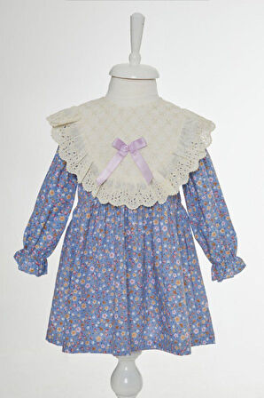 Kız Çocuk Mavi Çiçek Desenli Yaka Dantel Detaylı Uzun Kollu Bayramlık Elbise