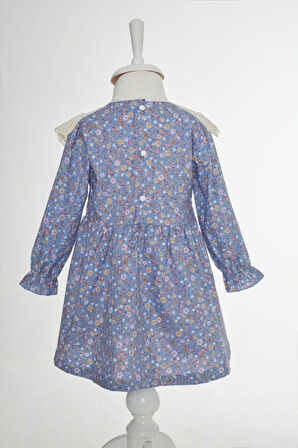 Kız Çocuk Mavi Çiçek Desenli Yaka Dantel Detaylı Uzun Kollu Bayramlık Elbise