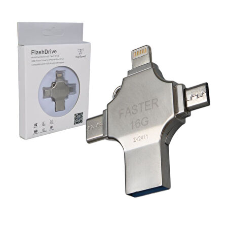 4 In 1 16gb Flash Bellek (Usb - Type-c - Micro Usb - Lightning)