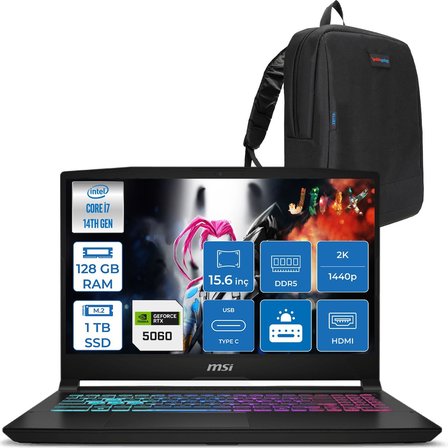 MSI Msı Katana 15 Hx B14WFK-449XTR 14. Nesil Intel İ7-14650HX 128GB Ddr5 1tb SSD 8GB/RTX5060 115W 15.6" Qhd 2560X1440 165Hz IPS Freedos Taşınabilir Bilgisayar. W449XTRF28128G + Zettaçanta