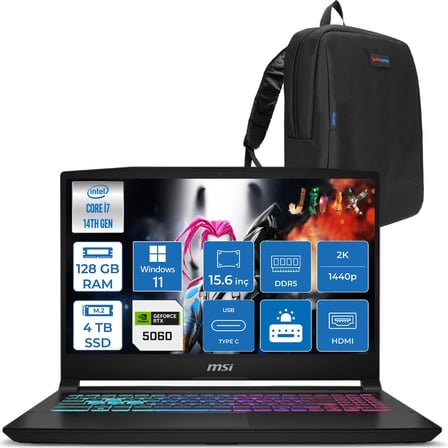 MSI Msı Katana 15 Hx B14WFK-449XTR 14. Nesil Intel İ7-14650HX 128GB Ddr5 4tb SSD 8GB/RTX5060 115W 15.6" Qhd 2560X1440 165Hz IPS Windows 11 Pro Taşınabilir Bilgisayar. W449XTRP30128G + Zettaçanta