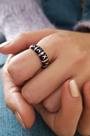 Sarı Altın Lacivert Mineli Altın Tasarım Yüzük