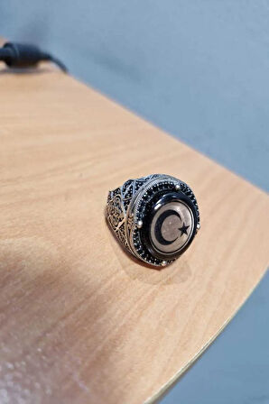 Erkek Gümüş Yüzük - Ay Yıldız İşlemeli Siyah Zirkon Taşlı Lüks Erkek Yüzük