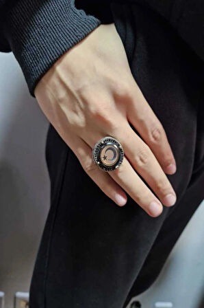 Erkek Gümüş Yüzük - Ay Yıldız İşlemeli Siyah Zirkon Taşlı Lüks Erkek Yüzük