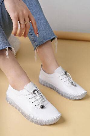 Nesil Shoes Knc 12 Beyaz Hakiki Deri Şeffaf Taban Kadın Ayakkabı