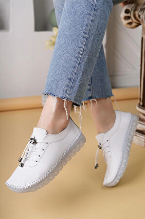 Nesil Shoes Knc 12 Beyaz Hakiki Deri Şeffaf Taban Kadın Ayakkabı