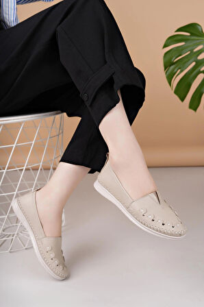 Nesil Shoes Knc 022 Bej Hakiki Soft Deri Kadın Ayakkabı