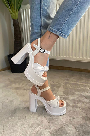 Kadın Sersi Beyaz Fiyonk Bantlı (12 cm ) Platform Topuklu Ayakkabı