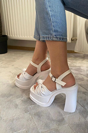 Kadın Sersi Beyaz Fiyonk Bantlı (12 cm ) Platform Topuklu Ayakkabı
