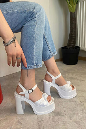 Kadın Sersi Beyaz Fiyonk Bantlı (12 cm ) Platform Topuklu Ayakkabı