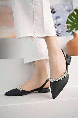 Nesil Shoes Ceylan 15 Siyah Saten Taşlı Kadın Sandalet