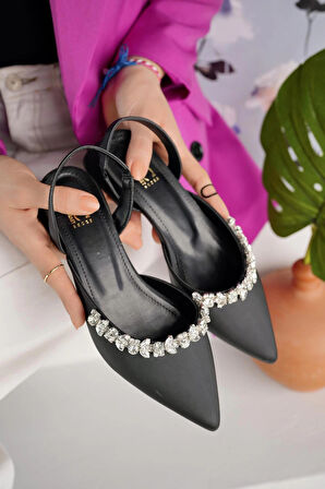 Nesil Shoes Ceylan 15 Siyah Saten Taşlı Kadın Sandalet