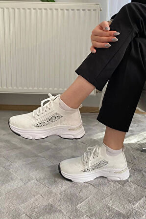 Kadın Fabri Beyaz Triko Taşlı Spor Ayakkabı & Sneaker