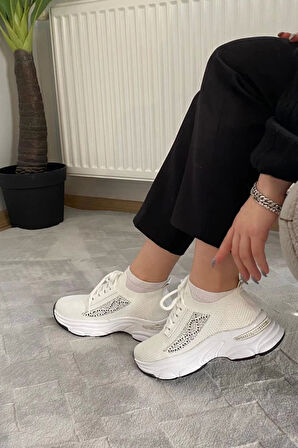 Kadın Fabri Beyaz Triko Taşlı Spor Ayakkabı & Sneaker