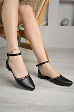 Nesil Shoes Ceylan 204 Siyah Taşlı Kadın Karnıyarık Babet