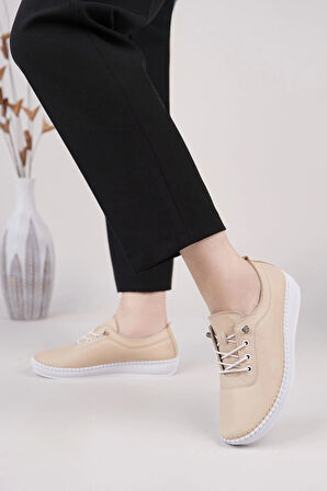 Maria 200-90 Krem Hakiki Soft Deri Günlük Kadın Ayakkabı