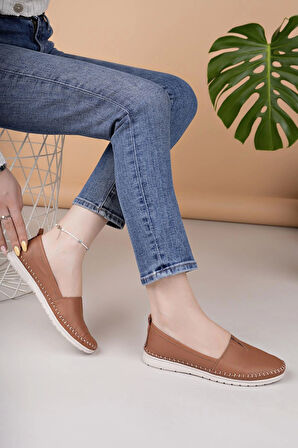 Nesil Shoes Knc 033 Taba Hakiki Soft Deri Kadın Ayakkabı