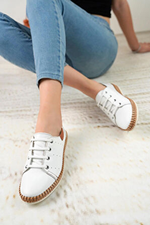 Nesil Shoes Syg P38 Beyaz Hakiki Deri Kadın Ayakkabı