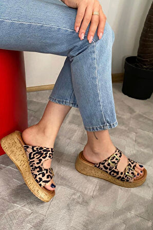 Kadın Nora Leopar Desen Çift Bant Kalın Mantar Taban Ortopedik Sandalet Terlik K-270