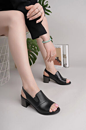 MyShoes 1825 Siyah Hakiki Soft Deri Kadın Topuklu Sandalet