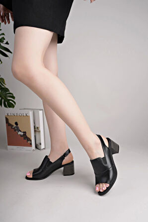 MyShoes 1825 Siyah Hakiki Soft Deri Kadın Topuklu Sandalet