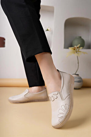 Nesil Shoes Syg P74 Krem Hakiki Deri Şeffaf Taban Kadın Ayakkabı