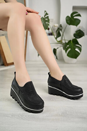 Nesil Shoes Wiss 570 Siyah Dolgu Topuk Kadın Ayakkabı
