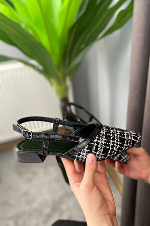 Kadın Tena Siyah Keten Arkası Acık Sivri Burun Günlük Babet