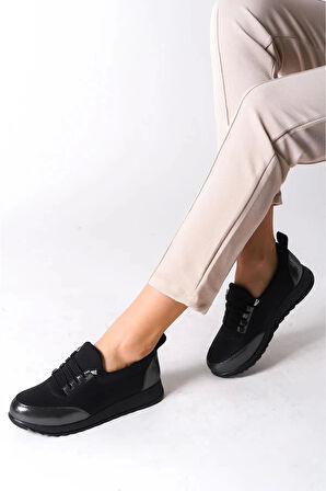 Kadın Galina Siyah Platın Bağcıklı Lastikli Ortopedik Rahat Taban Taş Detaylı Günlük Babet Anne Ayakkabısı