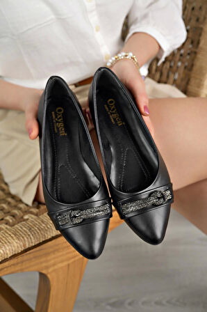 Nesil Shoes Ceylan 9043 Siyah Taşlı Kadın Babet