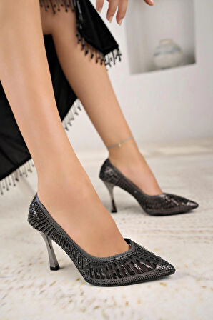 Nesil Shoes Fls 018-142 Platin Taşlı Topuklu Kadın Ayakkabı