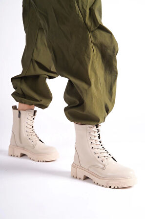 Kadın Fantom Bej Postal Fermuarlı Bağcıklı Kaymaz Kalın Taban Bot