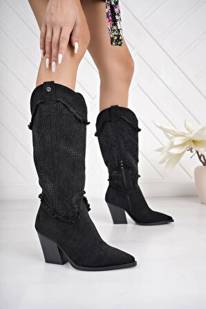 Pierre Cardin 11164 Siyah Süet Yarım Fermuarlı Taşlı Kadın Çizme