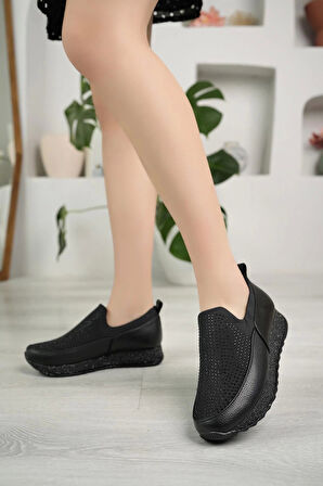 Nesil Shoes Wiss 530 Siyah Strech Taşlı Kadın Ayakkabı