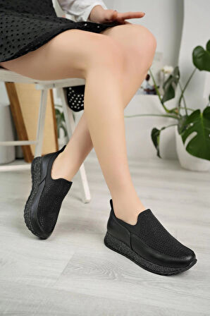 Nesil Shoes Wiss 530 Siyah Strech Taşlı Kadın Ayakkabı