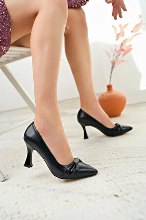 Nesil Shoes Tam 506 Siyah Taşlı Topuklu Kadın Stiletto