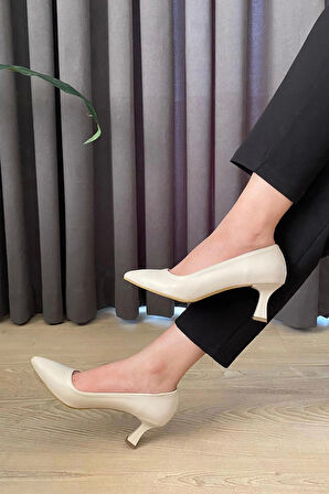 Kadın Sity Krem Cilt 6 cm İnce Topuklu Stiletto