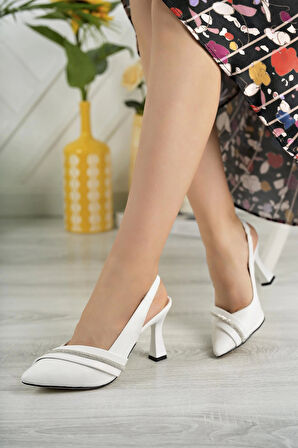 Nesil Shoes Tam 505 Beyaz Taşlı Topuklu Kadın Sandalet