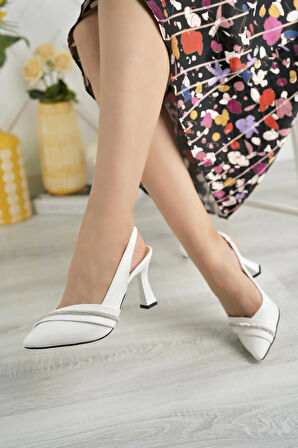 Nesil Shoes Tam 505 Beyaz Taşlı Topuklu Kadın Sandalet