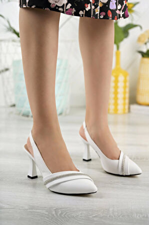 Nesil Shoes Tam 505 Beyaz Taşlı Topuklu Kadın Sandalet