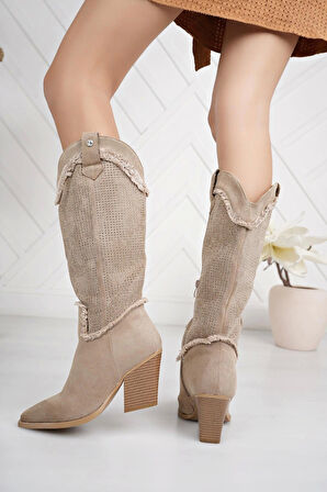 Pierre Cardin 11164 Vizon Süet Yarım Fermuarlı Taşlı Kadın Çizme