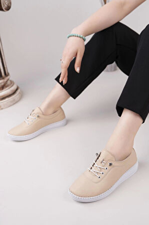 Maria 200-90 Krem Hakiki Soft Deri Günlük Kadın Ayakkabı