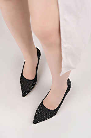 Nesil Shoes Elva 021 Siyah Saten Üzeri Taşlı Topuklu Kadın Stiletto