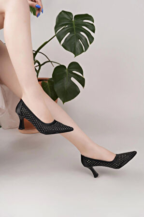 Nesil Shoes Elva 021 Siyah Saten Üzeri Taşlı Topuklu Kadın Stiletto