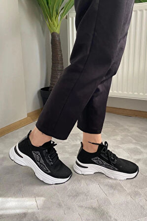 Kadın Fabri Siyah Triko Beyaz Tabanlı Taşlı Spor Ayakkabı & Sneaker