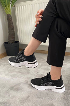 Kadın Fabri Siyah Triko Beyaz Tabanlı Taşlı Spor Ayakkabı & Sneaker
