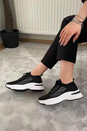 Kadın Fabri Siyah Triko Beyaz Tabanlı Taşlı Spor Ayakkabı & Sneaker