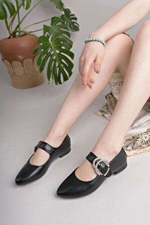 Nesil Shoes Swell 01453 Siyah Tokası Taşlı Kadın Babet