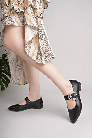 Nesil Shoes Swell 01453 Siyah Tokası Taşlı Kadın Babet