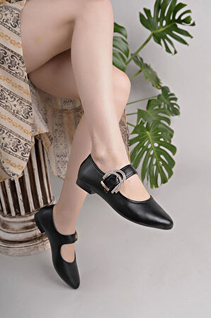 Nesil Shoes Swell 01453 Siyah Tokası Taşlı Kadın Babet